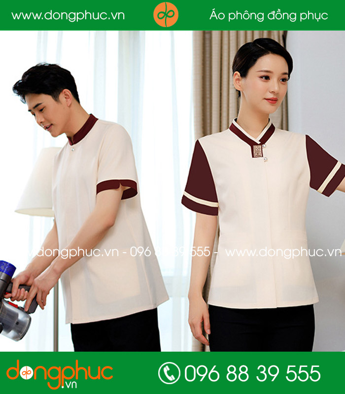 đồng phục vệ sinh màu hồng nhạt viền nâu